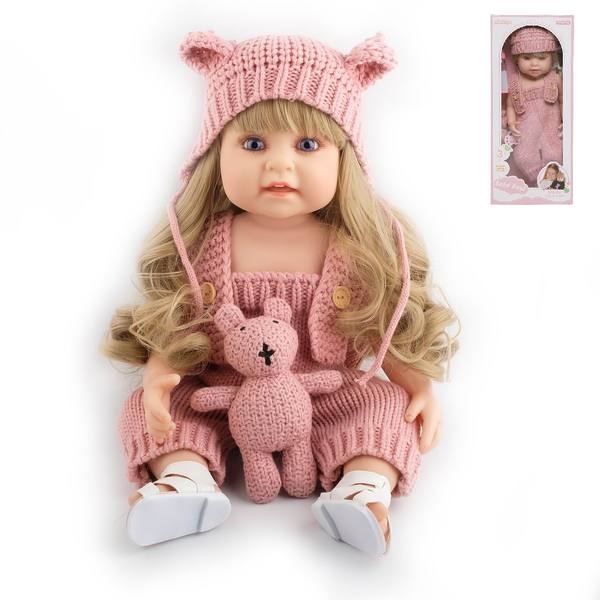 Кукла Junfa в розовом вязанном комбинезоне и шляпке с плюшевым мишкой 55 см
